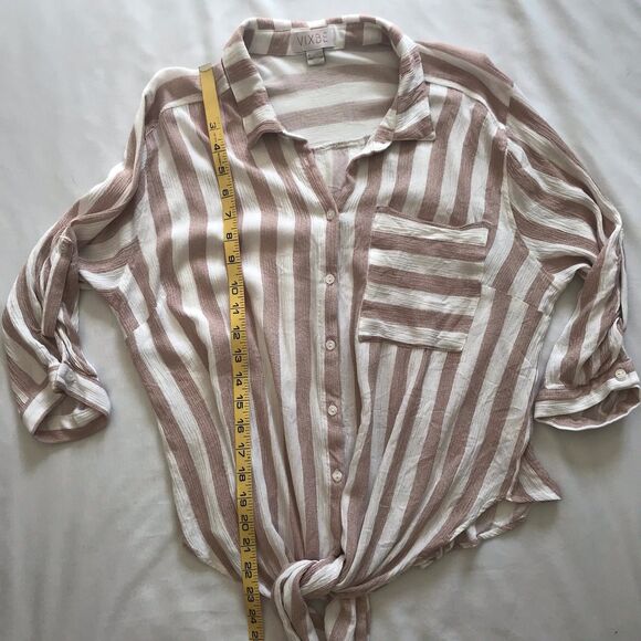 Vixbe Womens Top XL Roll Tab Sleeve Button Up Striped Rayon Coastal Beachy - Picture 6 of 10